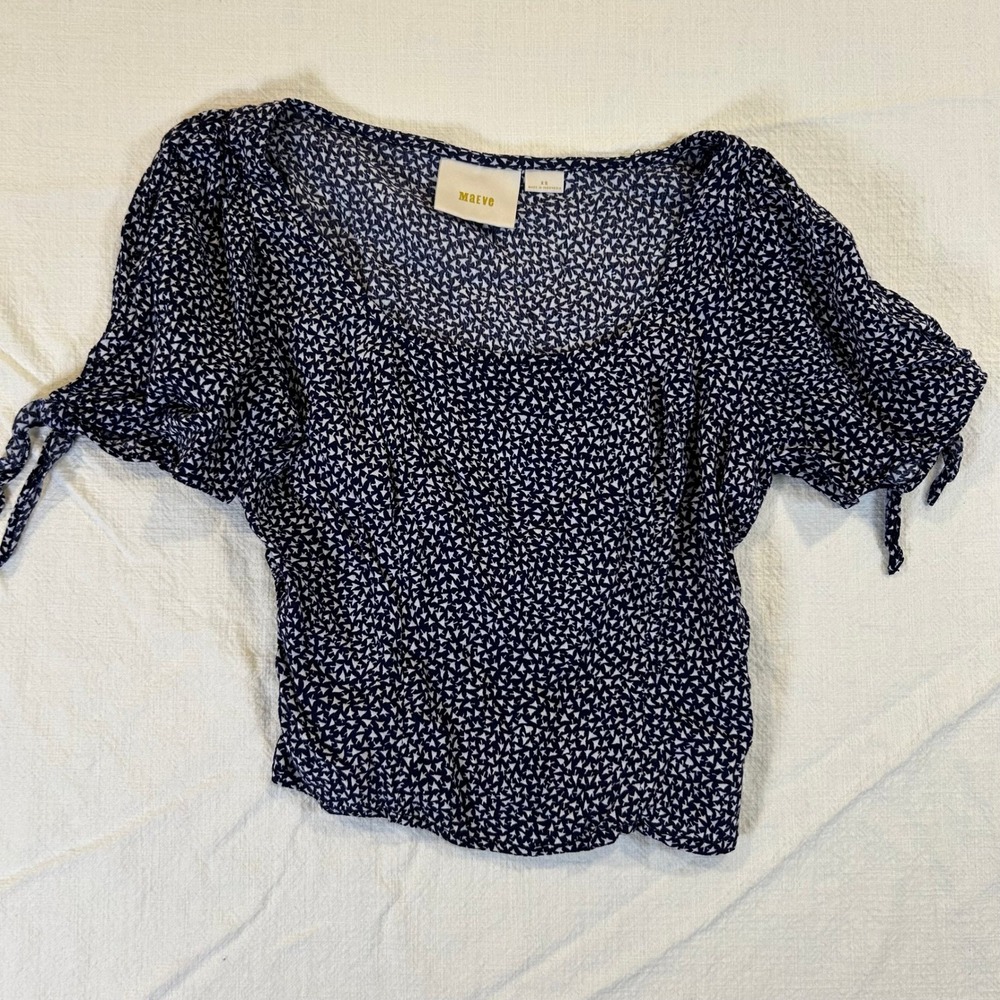 Maeve Anthropologie Navy Blue White Geometric Print Smocked Puff Sleeve Top XS